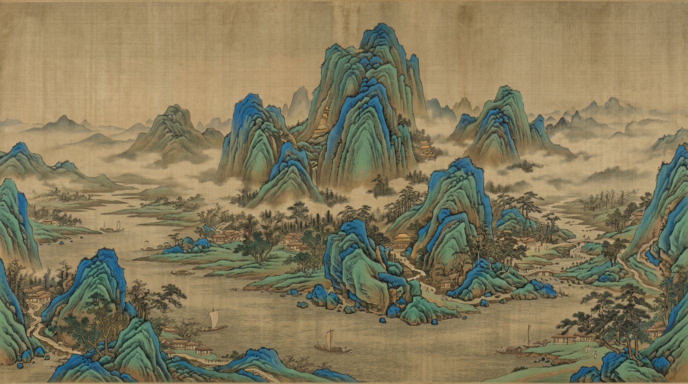 山海云网络加速服务 - 千里江山意境古典风格主视觉，提供2026年稳定极速的代理体验
